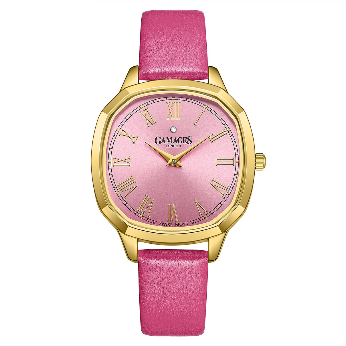 GAMAGES OF LONDON Enchanted Diamond Swiss Quartz Movement 3ATM Water Resistant Gold Dial Ladies Watch with Pink Leather Strap 8352936 0