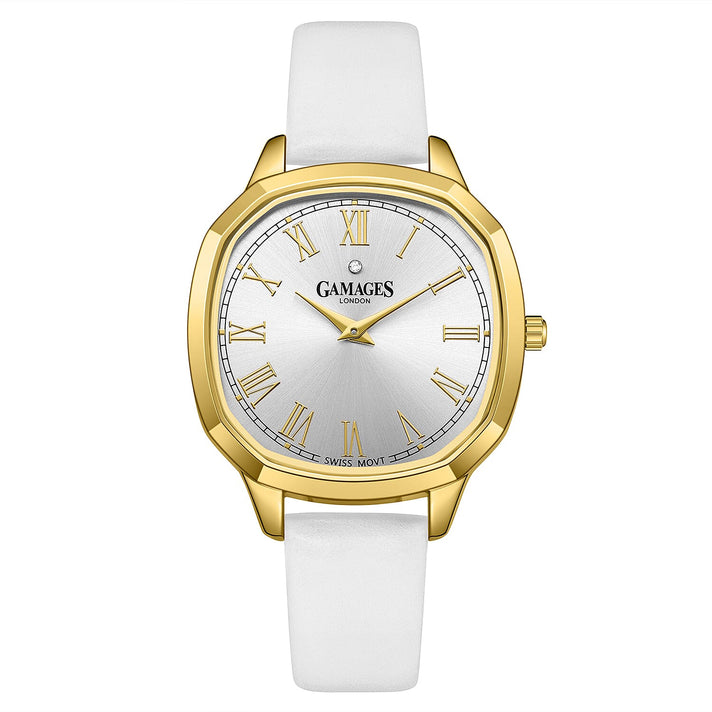 GAMAGES OF LONDON Enchanted Diamond Swiss Quartz Movement 3ATM Water Resistant Gold Dial Ladies Watch with White Colour Leather Strap 8352937 1