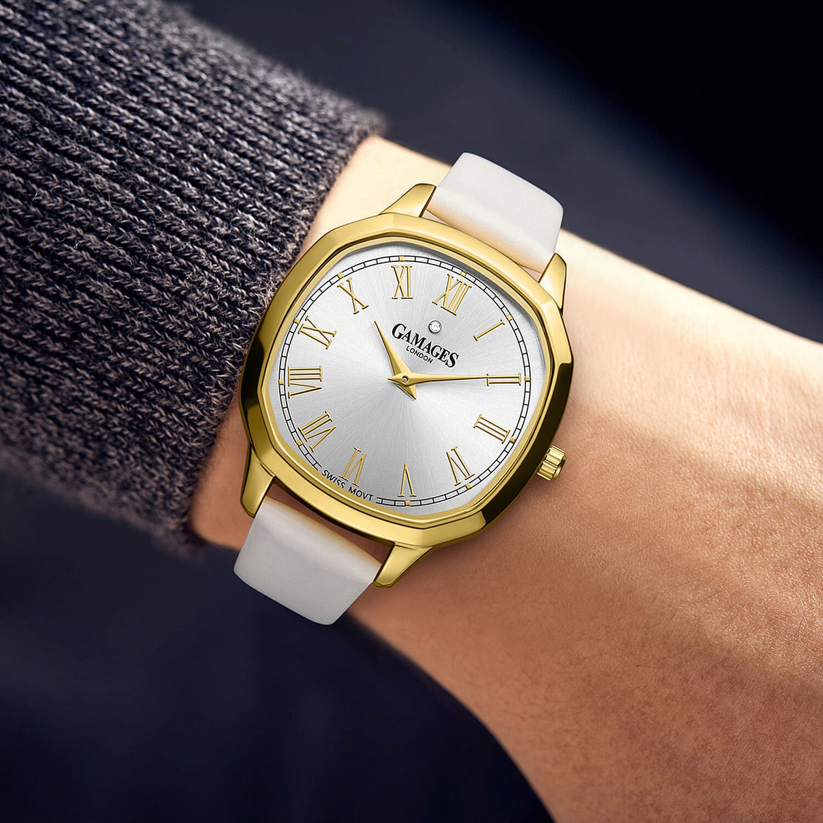 GAMAGES OF LONDON Enchanted Diamond Swiss Quartz Movement 3ATM Water Resistant Gold Dial Ladies Watch with White Colour Leather Strap V32526779 1