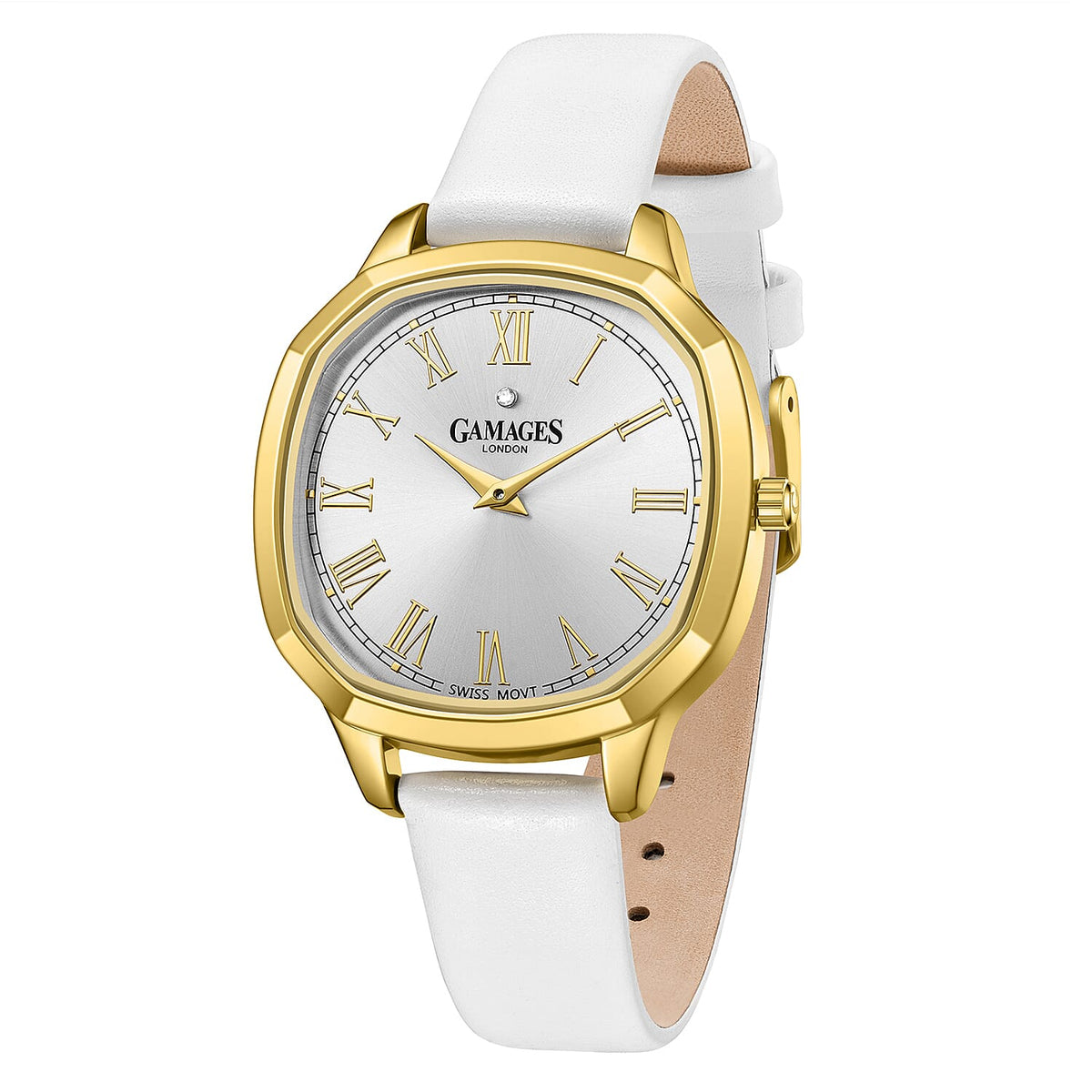 GAMAGES OF LONDON Enchanted Diamond Swiss Quartz Movement 3ATM Water Resistant Gold Dial Ladies Watch with White Colour Leather Strap V32526779 2