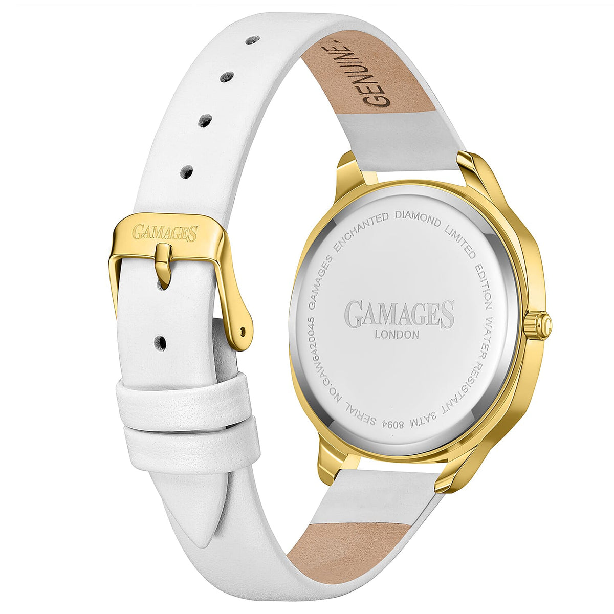 GAMAGES OF LONDON Enchanted Diamond Swiss Quartz Movement 3ATM Water Resistant Gold Dial Ladies Watch with White Colour Leather Strap V32526779 3