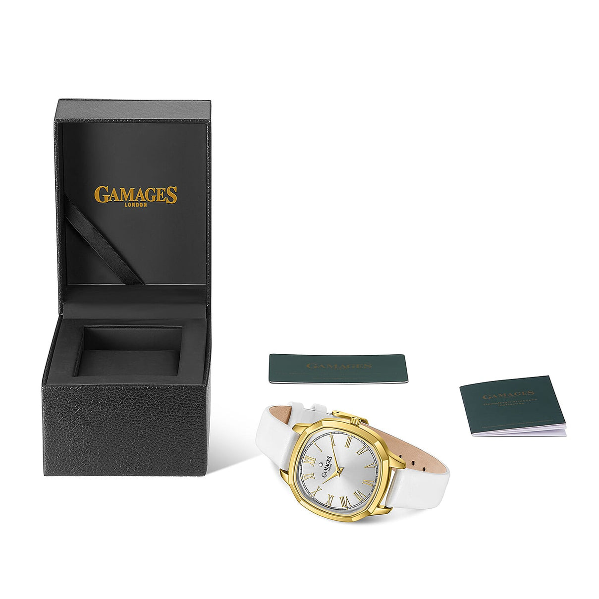 GAMAGES OF LONDON Enchanted Diamond Swiss Quartz Movement 3ATM Water Resistant Gold Dial Ladies Watch with White Colour Leather Strap V32526779 4