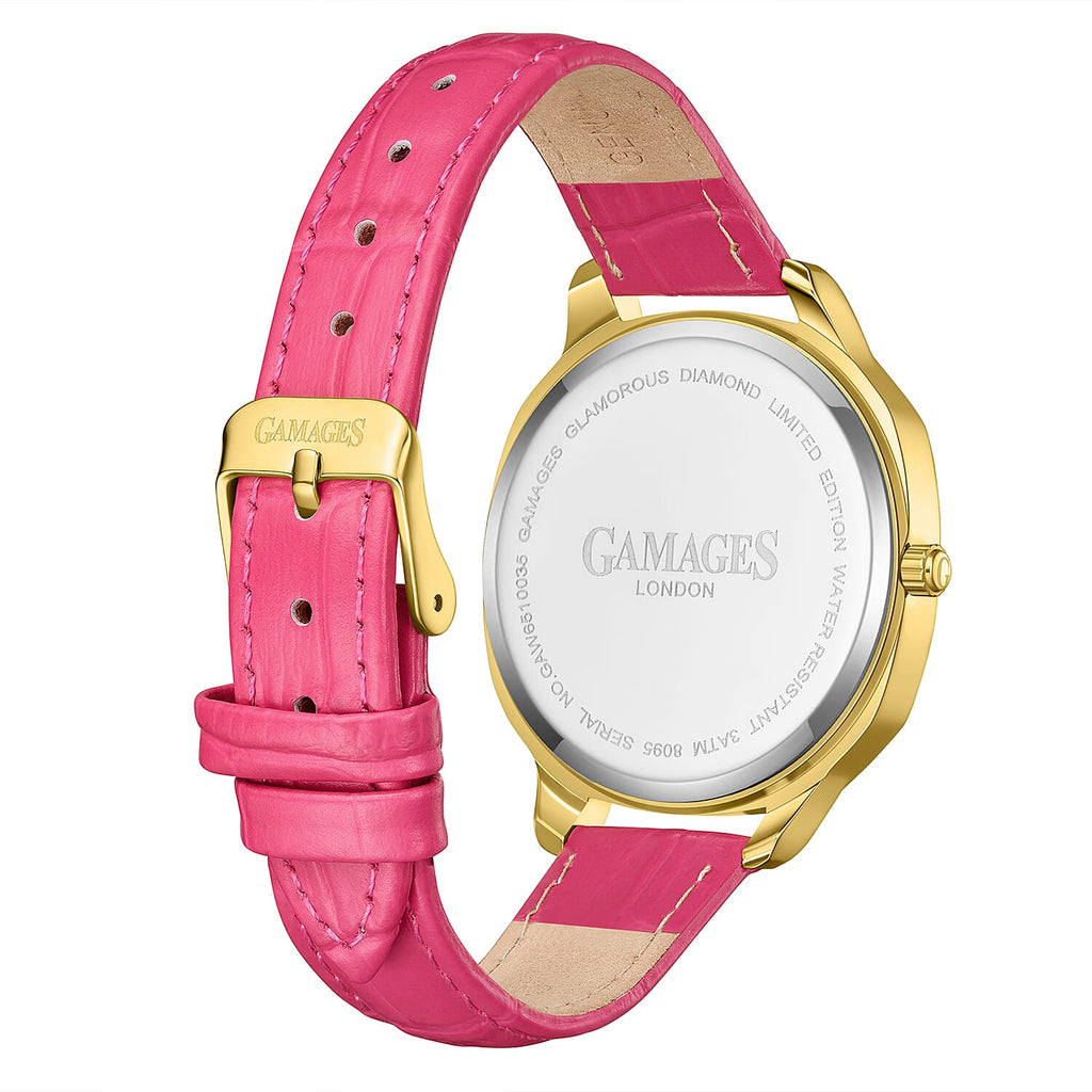 GAMAGES OF LONDON Glamorous Diamond Swiss Quartz 3ATM WR Fuchsia Pink Dial & Gold Case Ladies Watch with Pink Leather Strap