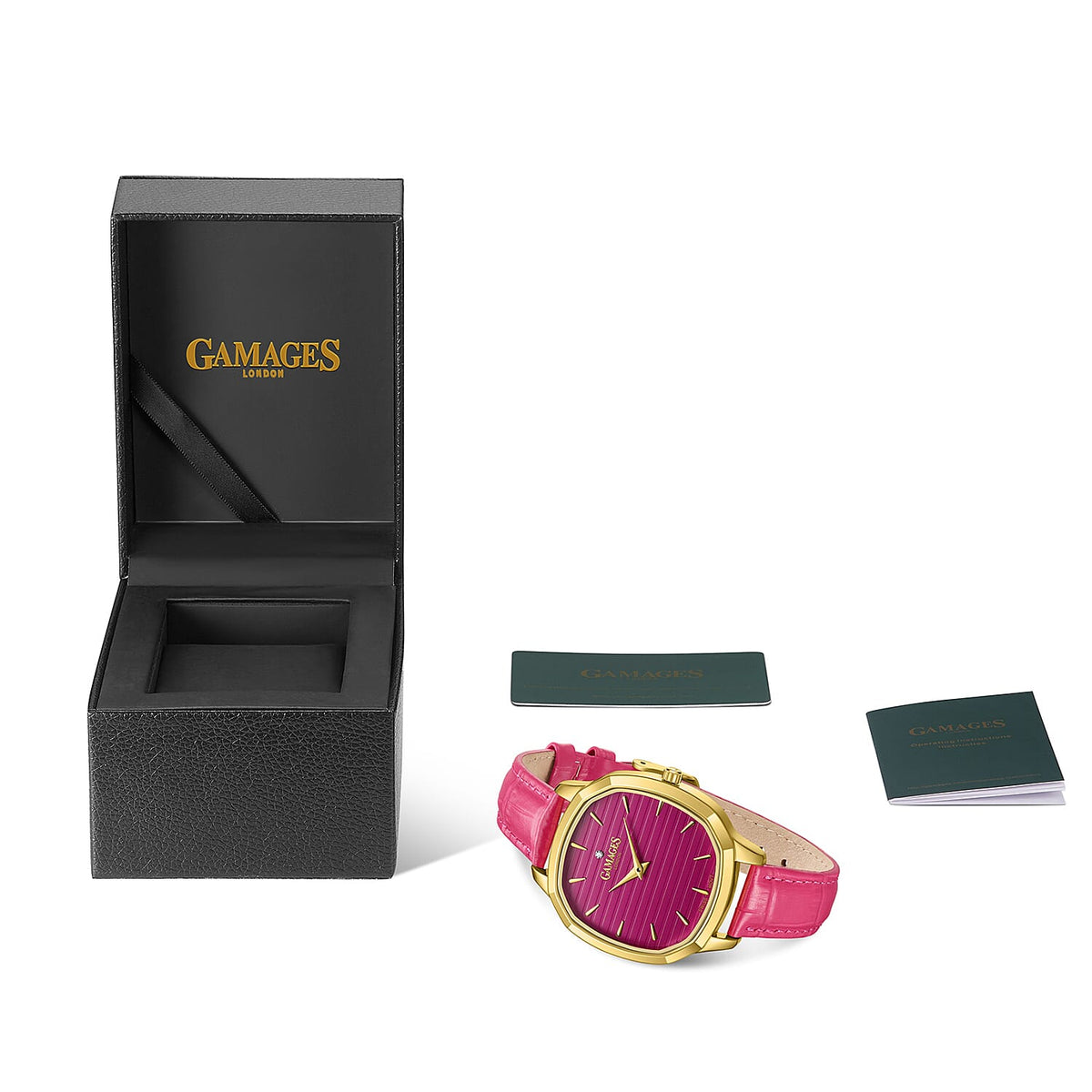 GAMAGES OF LONDON Glamorous Diamond Swiss Quartz 3ATM WR Fuchsia Pink Dial &amp; Gold Case Ladies Watch with Pink Leather Strap V32652078 4