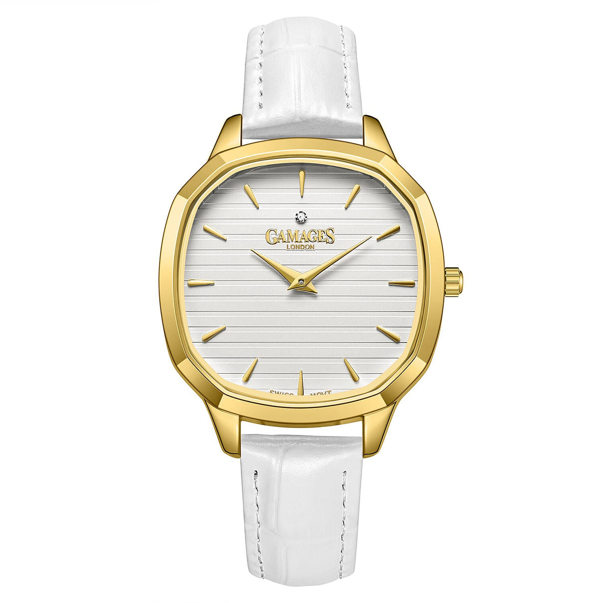 GAMAGES OF LONDON Glamorous Diamond Swiss Quartz 3ATM WR Ivory White Dial &amp; Gold Case Ladies Watch with White Leather Strap 8433943 0