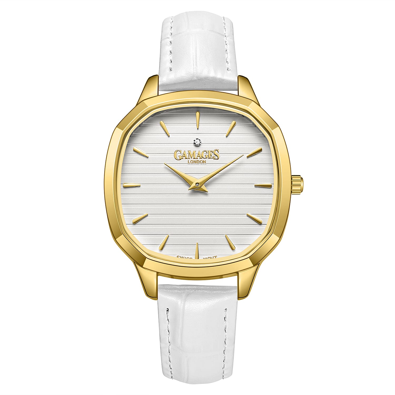 GAMAGES OF LONDON Glamorous Diamond Swiss Quartz 3ATM WR Ivory White Dial &amp; Gold Case Ladies Watch with White Leather Strap 8433943 0