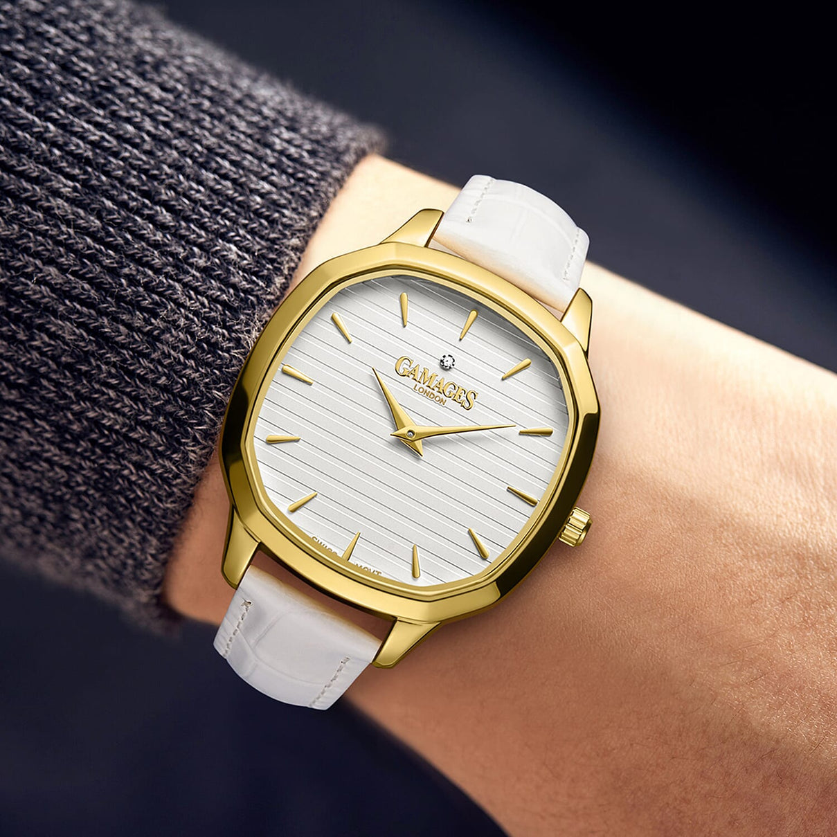 GAMAGES OF LONDON Glamorous Diamond Swiss Quartz 3ATM WR Ivory White Dial &amp; Gold Case Ladies Watch with White Leather Strap 8433943 1