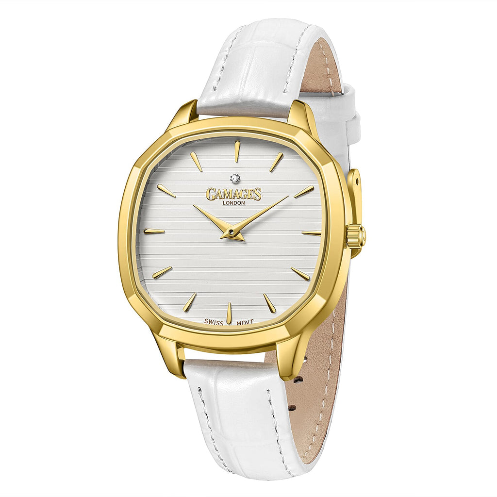 GAMAGES OF LONDON Glamorous Diamond Swiss Quartz 3ATM WR Ivory White Dial & Gold Case Ladies Watch with White Leather Strap