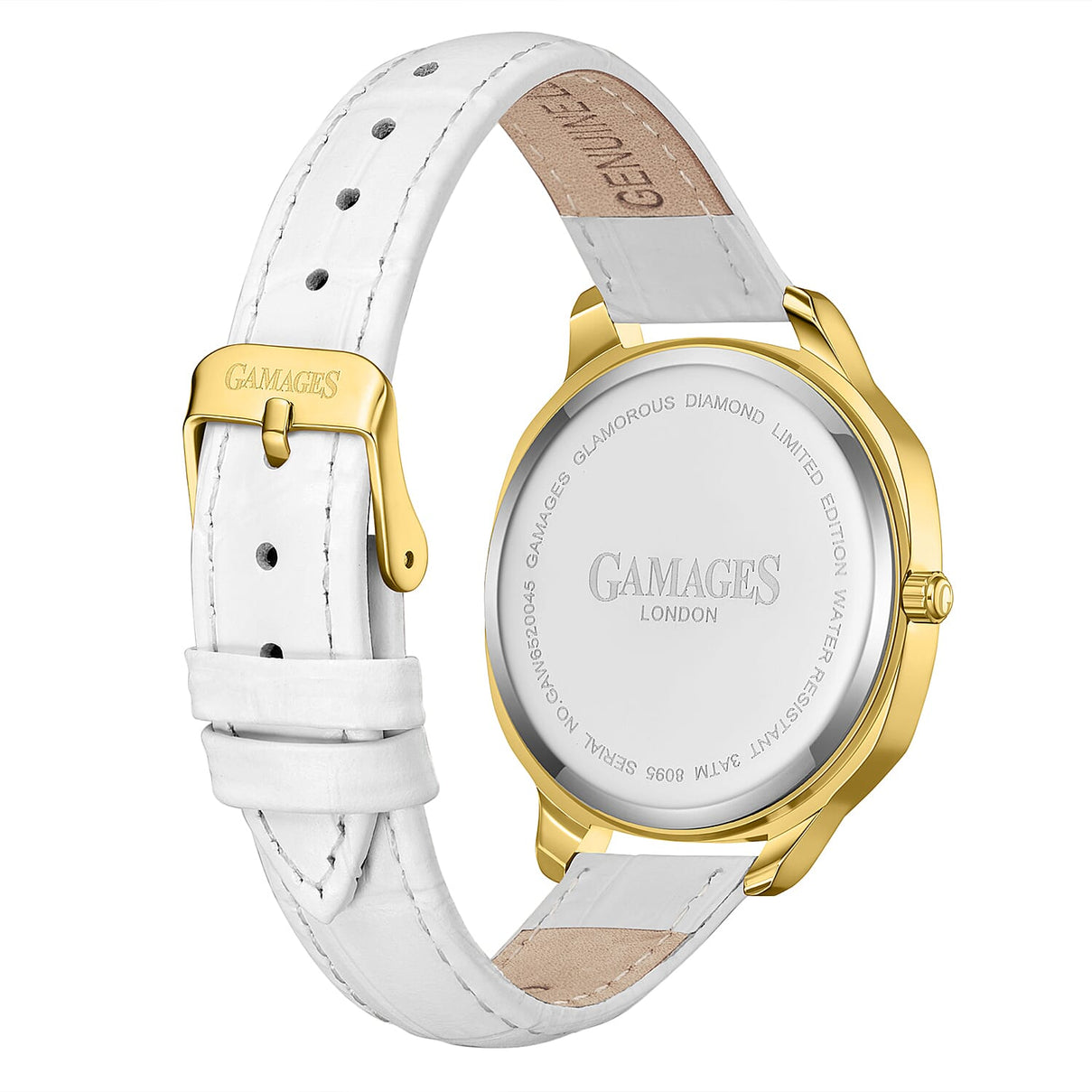 GAMAGES OF LONDON Glamorous Diamond Swiss Quartz 3ATM WR Ivory White Dial &amp; Gold Case Ladies Watch with White Leather Strap 8433943 3
