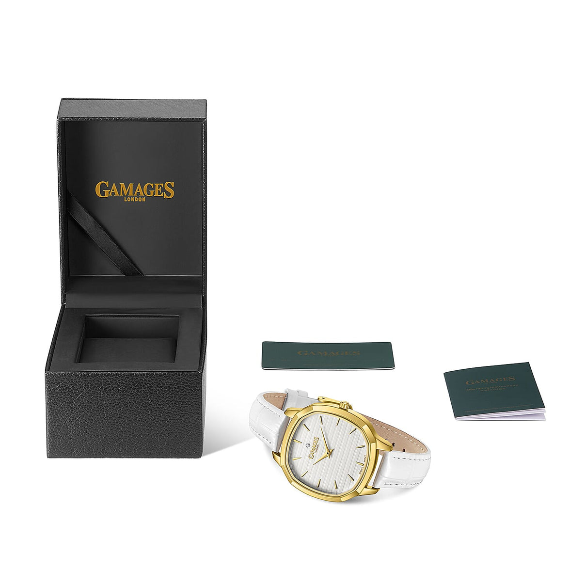 GAMAGES OF LONDON Glamorous Diamond Swiss Quartz 3ATM WR Ivory White Dial &amp; Gold Case Ladies Watch with White Leather Strap 8433943 4