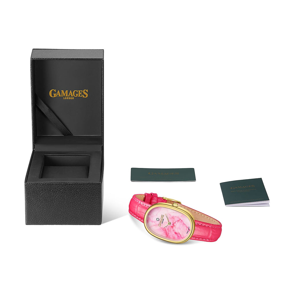 GAMAGES OF LONDON Divine Diamond Swiss Quartz 3ATM Ladies Watch with Steel Case & Leather Strap - Gold-Pink