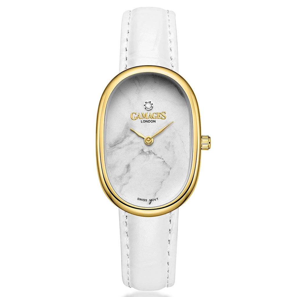 GAMAGES OF LONDON Divine Diamond Swiss Quartz 3ATM Ladies Watch with Steel Case & Leather Strap - Gold-White