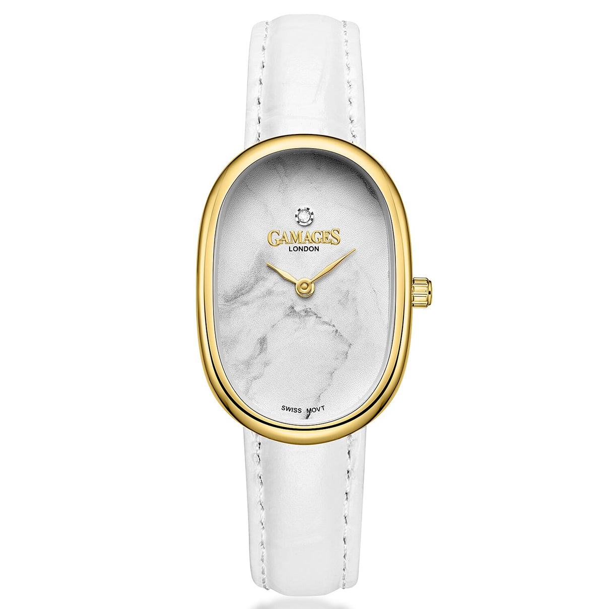 GAMAGES OF LONDON Divine Diamond Swiss Quartz 3ATM Ladies Watch with Steel Case &amp; Leather Strap - Gold/White V32515315 0