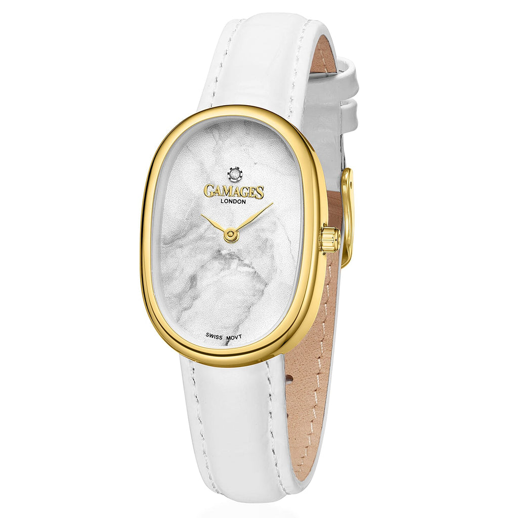 GAMAGES OF LONDON Divine Diamond Swiss Quartz 3ATM Ladies Watch with Steel Case & Leather Strap - Gold-White