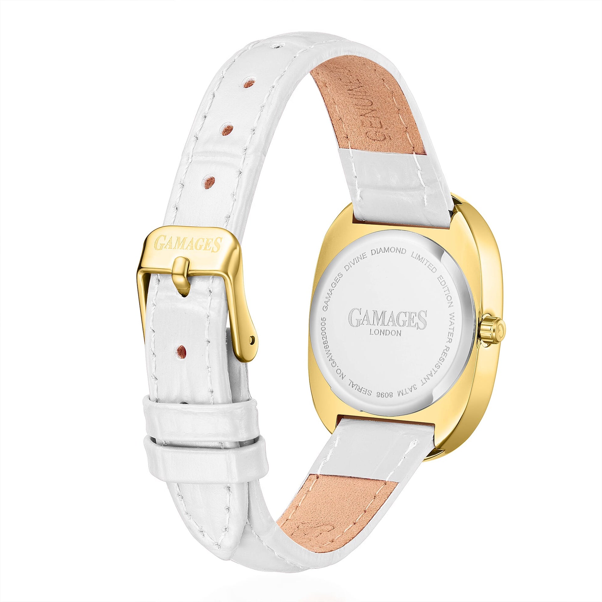 GAMAGES OF LONDON Divine Diamond Swiss Quartz 3ATM Ladies Watch with Steel Case &amp; Leather Strap - Gold/White V32515315 3