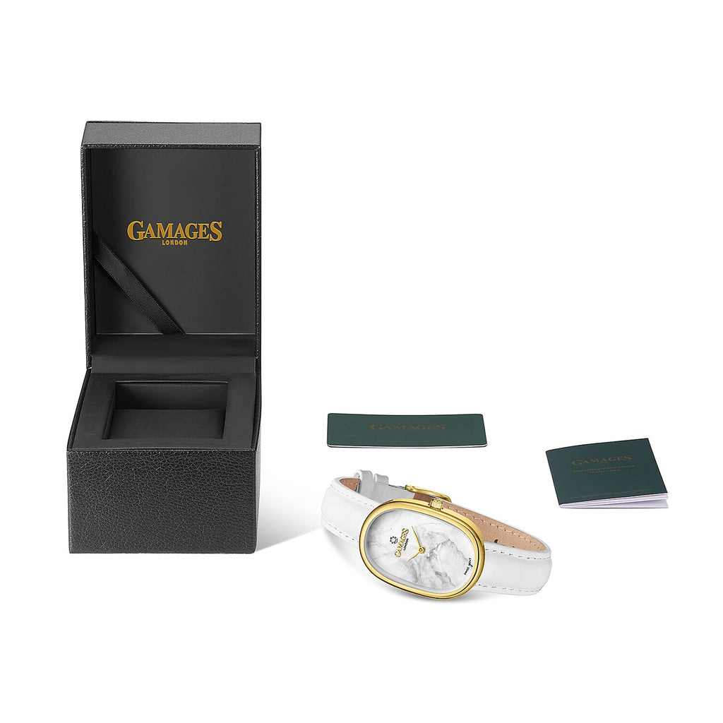 GAMAGES OF LONDON Divine Diamond Swiss Quartz 3ATM Ladies Watch with Steel Case & Leather Strap - Gold-White