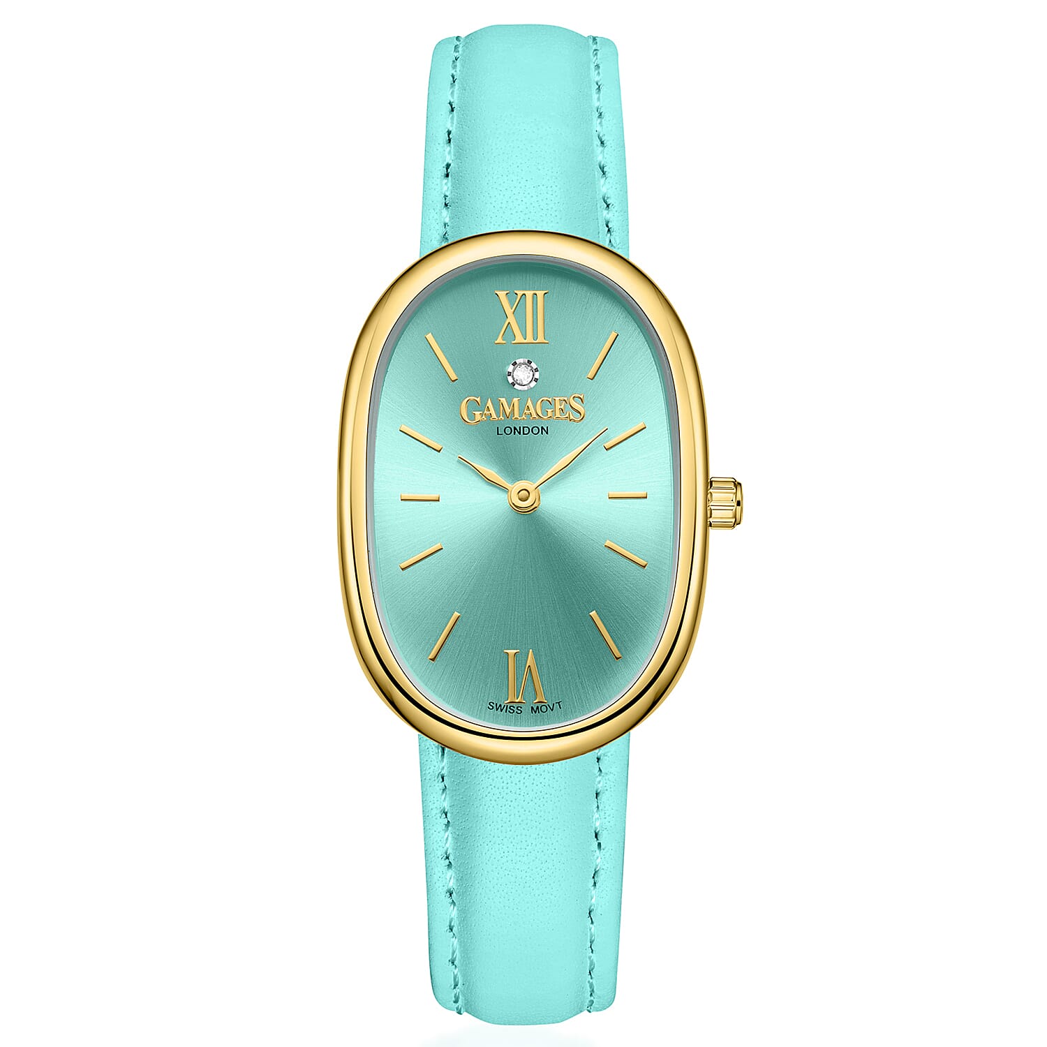 GAMAGES OF LONDON Eternal Diamond Swiss Quartz 3ATM Ladies Watch with Steel Case &amp; Leather Strap - Teal 8580784 0