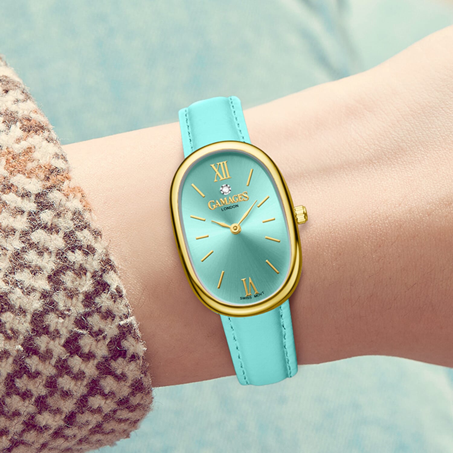 GAMAGES OF LONDON Eternal Diamond Swiss Quartz 3ATM Ladies Watch with Steel Case &amp; Leather Strap - Teal 8580784 1