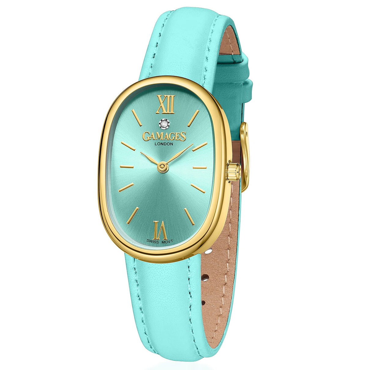 GAMAGES OF LONDON Eternal Diamond Swiss Quartz 3ATM Ladies Watch with Steel Case &amp; Leather Strap - Teal 8580784 2