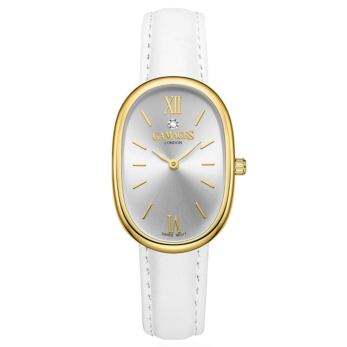 GAMAGES OF LONDON Eternal Diamond Swiss Quartz 3ATM Ladies Watch with Steel Case &amp; Leather Strapl - Gold White V32628324 0