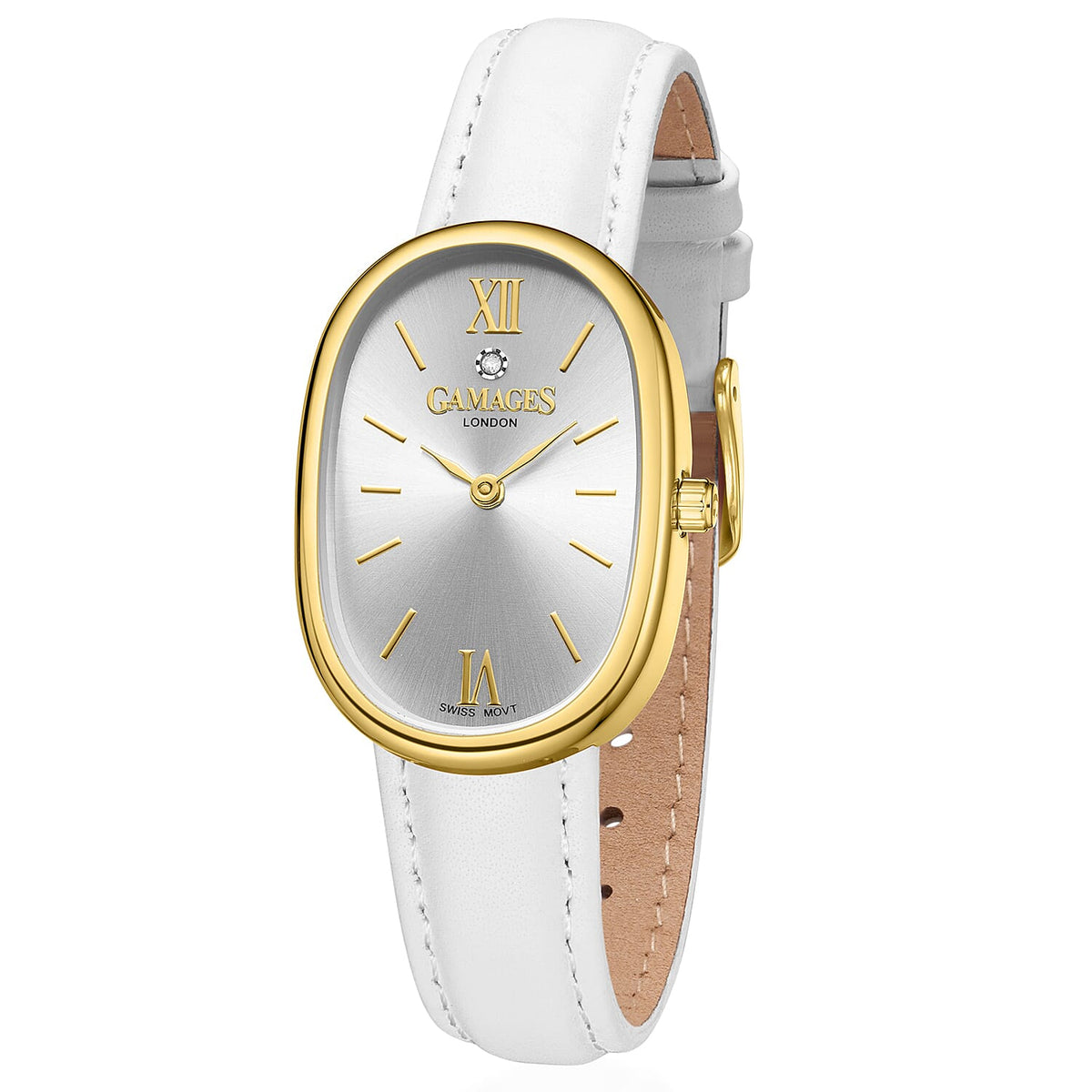 GAMAGES OF LONDON Eternal Diamond Swiss Quartz 3ATM Ladies Watch with Steel Case &amp; Leather Strapl - Gold White V32628324 2