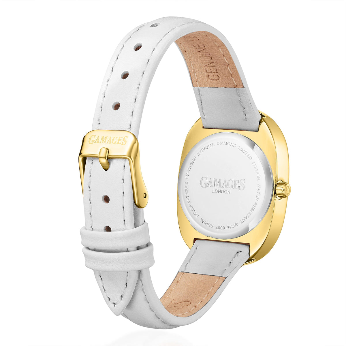 GAMAGES OF LONDON Eternal Diamond Swiss Quartz 3ATM Ladies Watch with Steel Case &amp; Leather Strapl - Gold White V32628324 3
