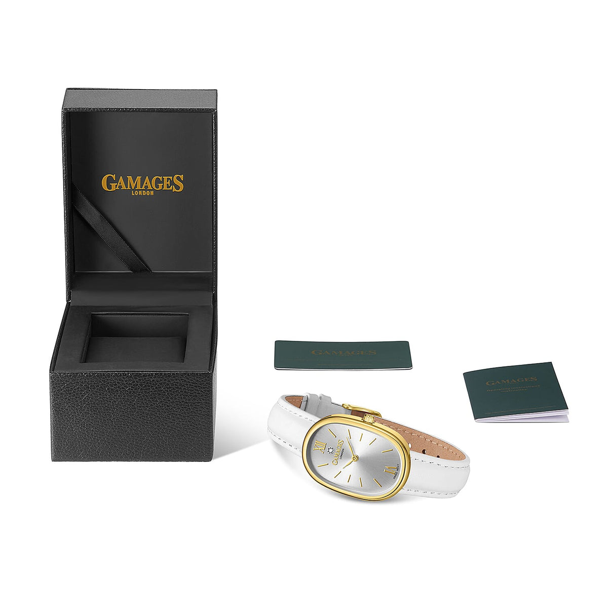 GAMAGES OF LONDON Eternal Diamond Swiss Quartz 3ATM Ladies Watch with Steel Case &amp; Leather Strapl - Gold White V32628324 4