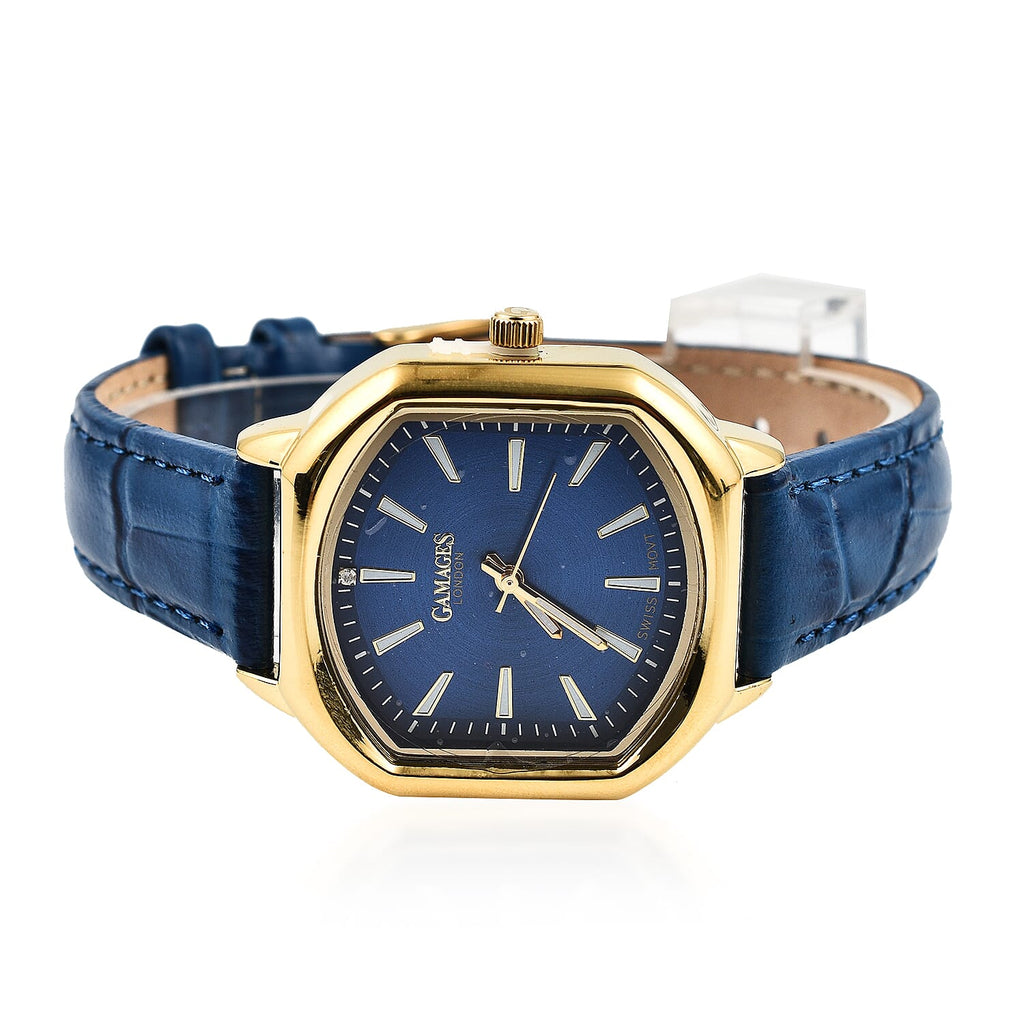 Gamages Of London Swiss Quartz Movement Water Resistant Ladies Viscountess Diamond Gold Navy Watch with Royal Blue Leather Bracelet