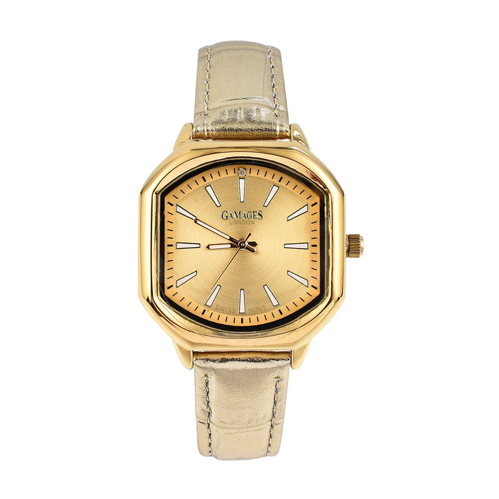Gamages Of London Swiss Quartz Movement Water Resistant Ladies Viscountess Diamond Gold White Watch with Gold Leather Strap 7648319 1