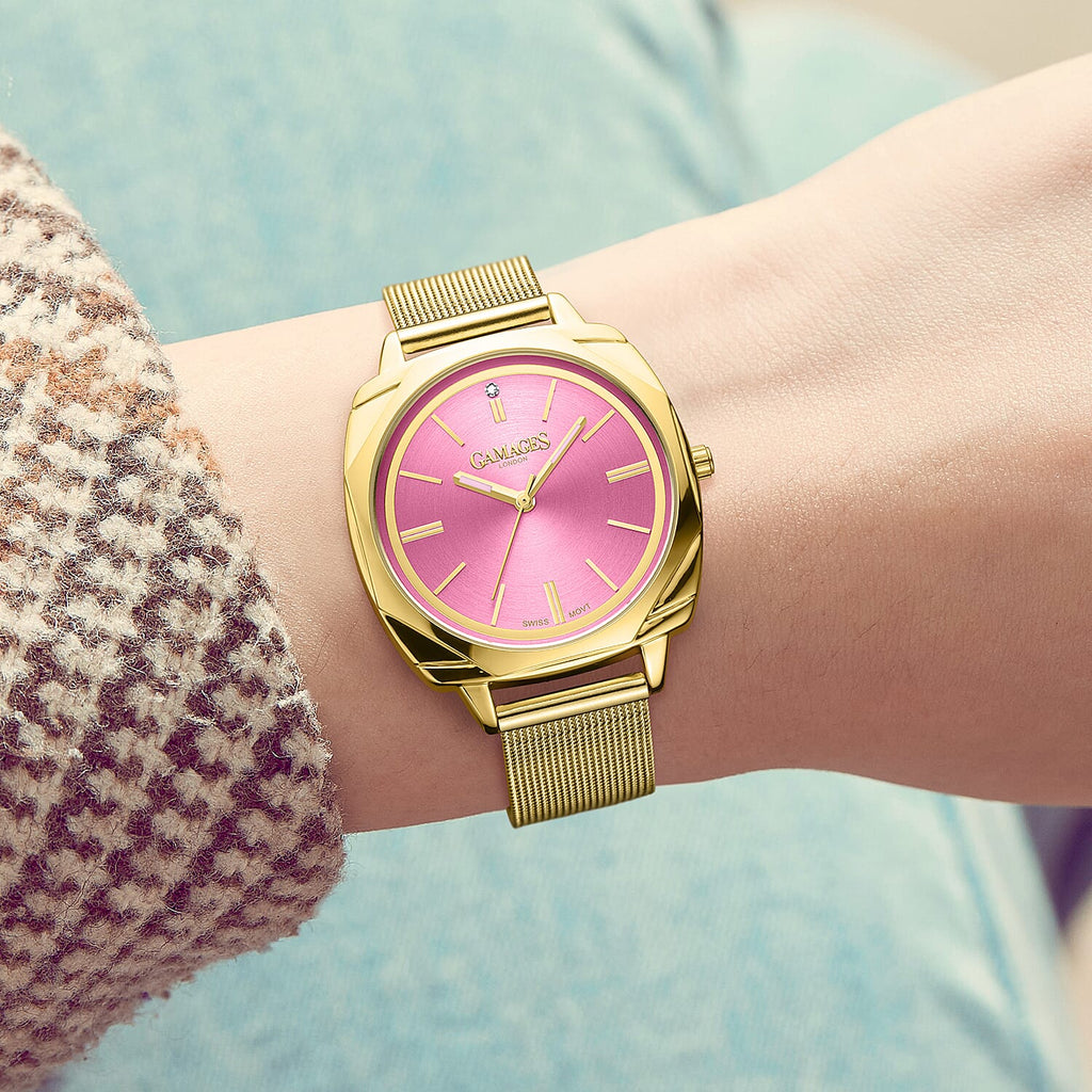 Gamages of London Dahlia Diamond Swiss Quartz Movement Pink Dial WR Ladies Watch with Milanese Bracelet - Gold