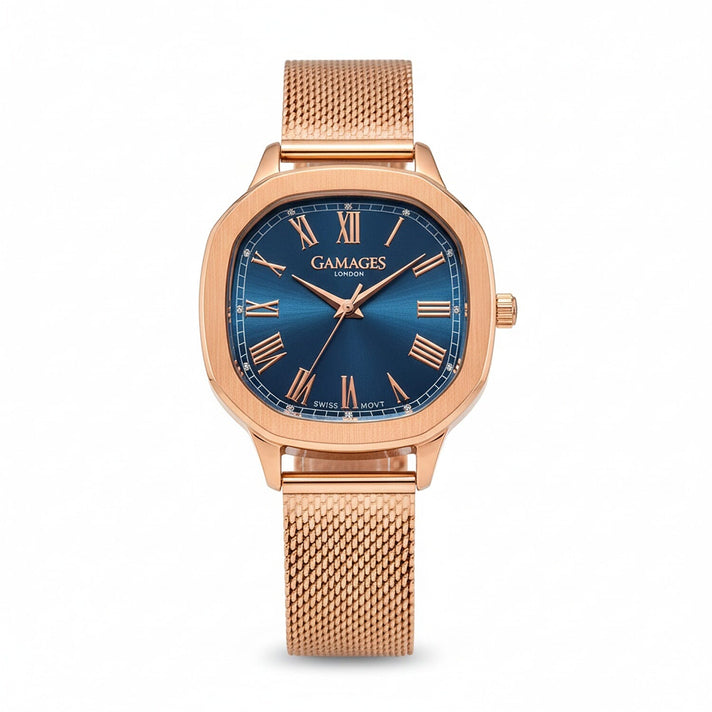 Gamages of London Evelyn Diamond Swiss Quartz Movt. Blue Dial Ladies Watch with Rose Gold Milanese Strap 8269558 1