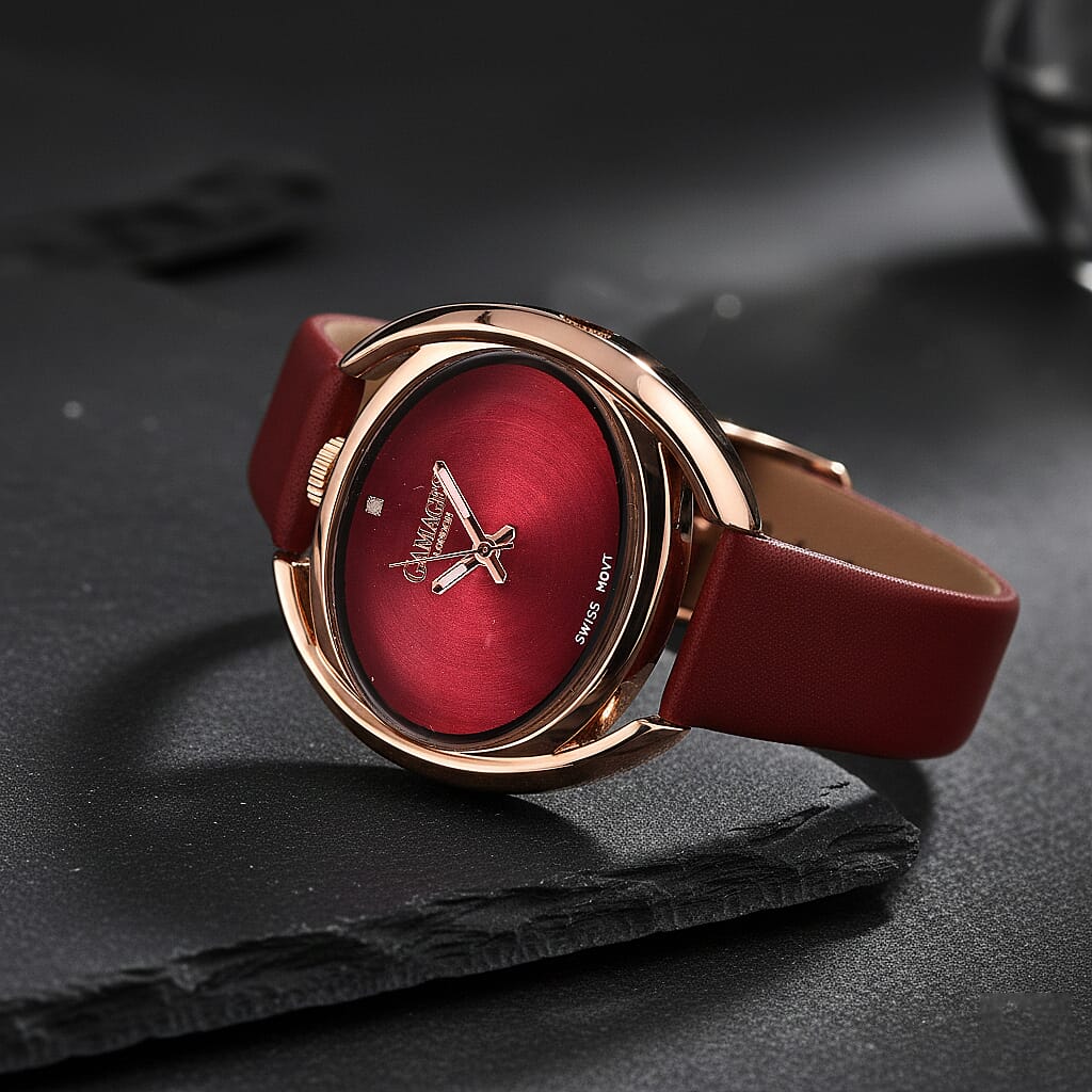 Gamages of London Gyre Diamond Swiss Quartz Movement Water Resistant Raspberry Dial   Watch in Stainless Steel - Rose Raspberry