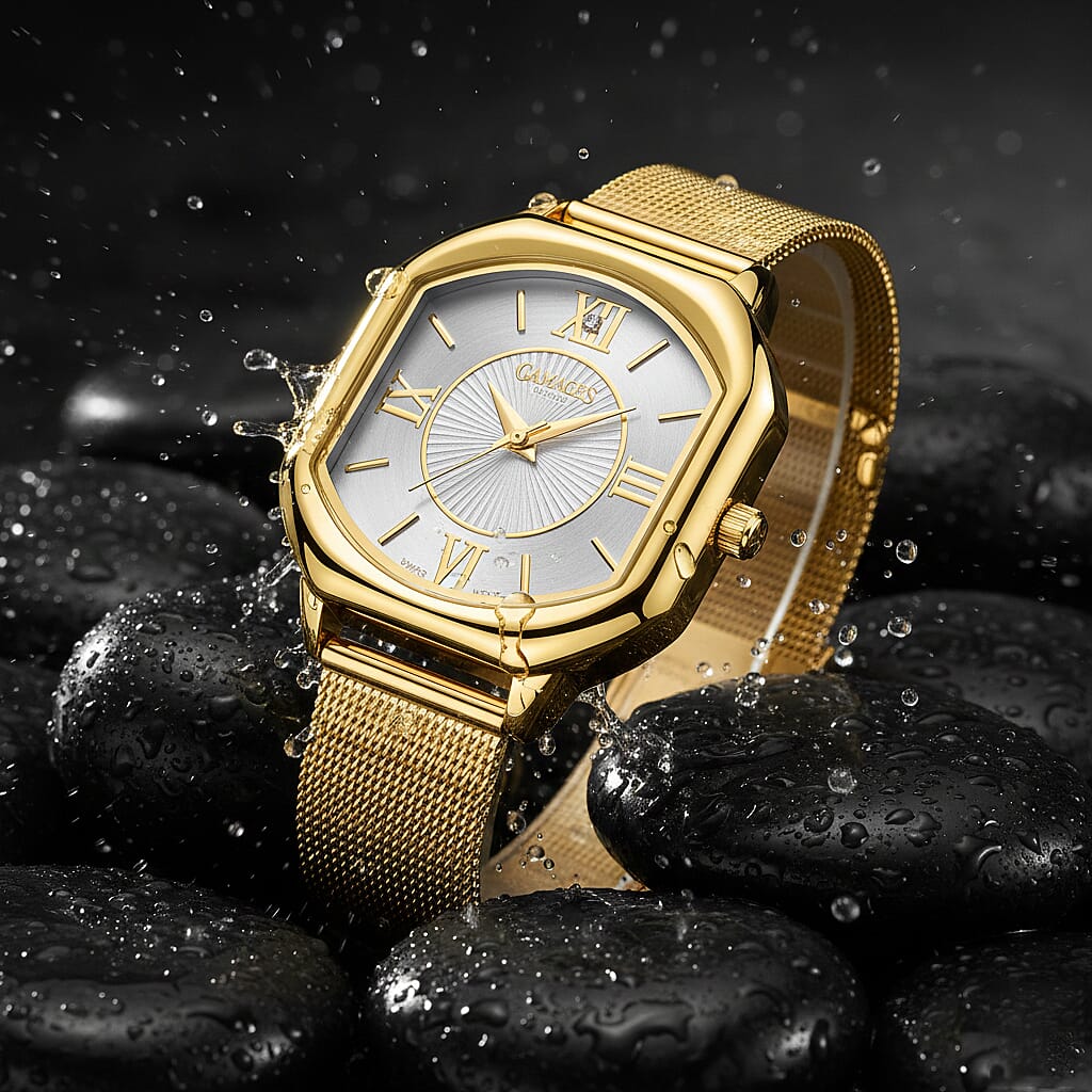 Gamages of London Ladies Countess White Dial Diamond Studded Watch with Gold Colour Mesh Bracelet 7557153 1