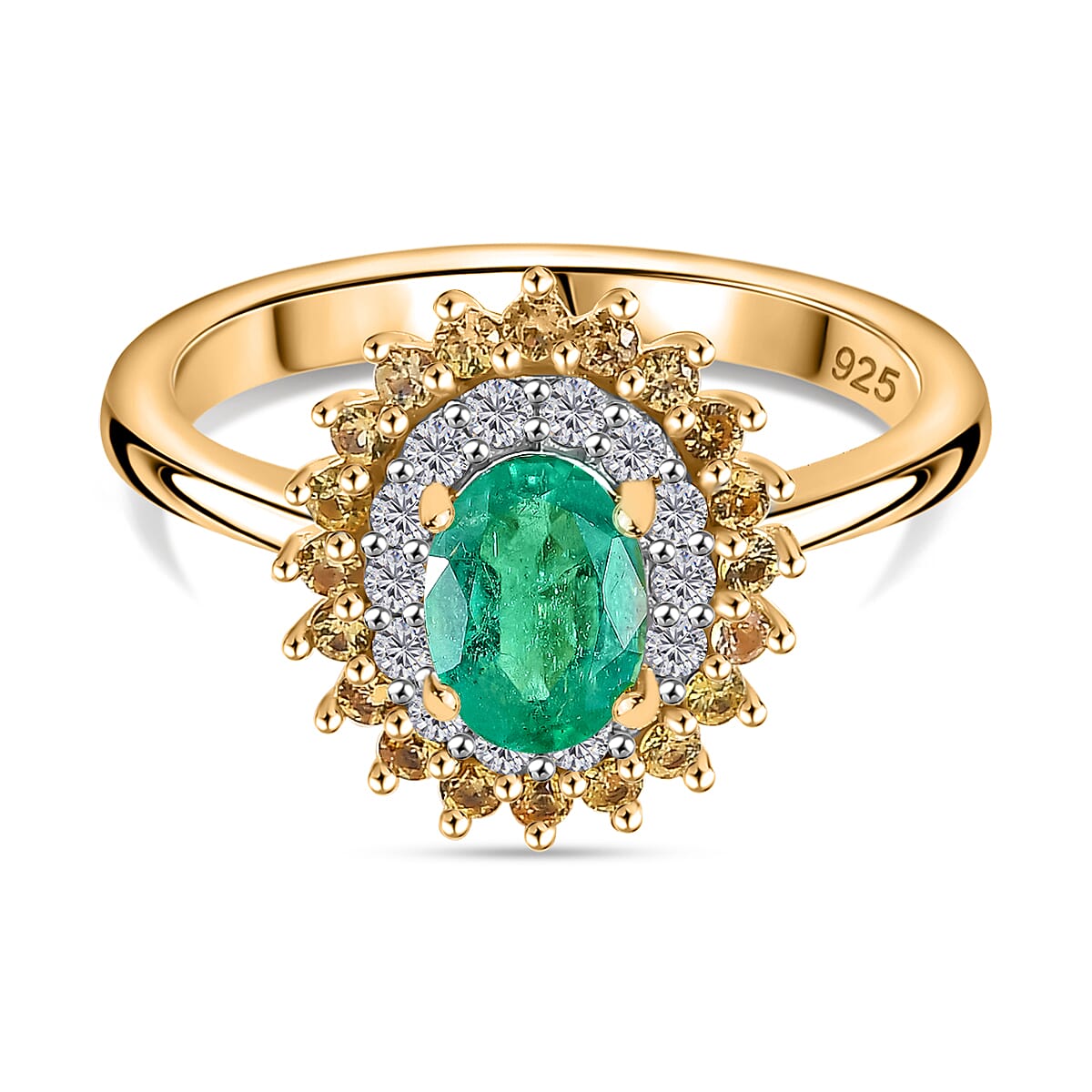 Gemfields Zambian Emerald, Yellow Sapphire and Moissanite Halo Ring in 18K Yellow Gold Vermeil Plated Sterling Silver 1.62 ct. 7954260 0