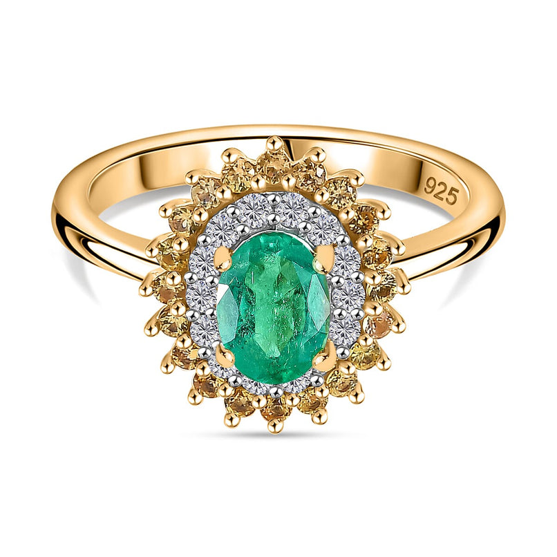 Gemfields Zambian Emerald, Yellow Sapphire & Moissanite  Ring in 18K YG Vermeil Sterling Silver 1.62 ct