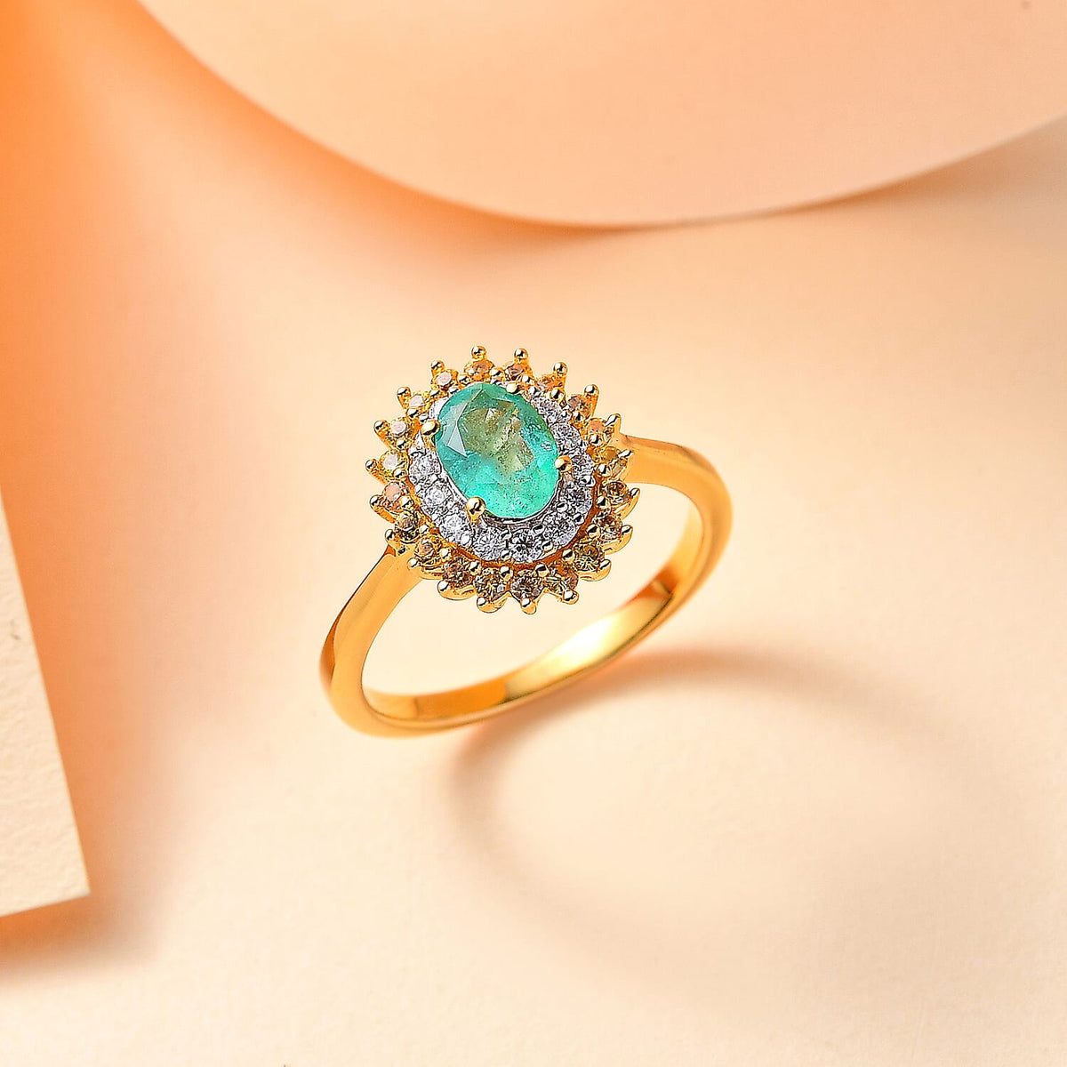 Gemfields Zambian Emerald, Yellow Sapphire and Moissanite Halo Ring in 18K Yellow Gold Vermeil Plated Sterling Silver 1.62 ct. 7954260 2