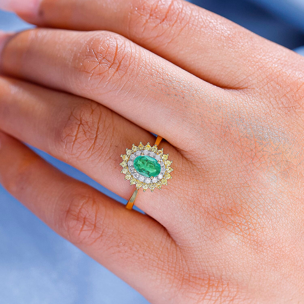 Gemfields Zambian Emerald, Yellow Sapphire & Moissanite  Ring in 18K YG Vermeil Sterling Silver 1.62 ct