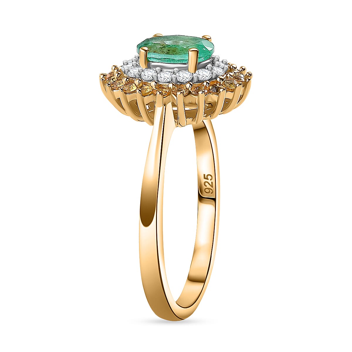 Gemfields Zambian Emerald, Yellow Sapphire and Moissanite Halo Ring in 18K Yellow Gold Vermeil Plated Sterling Silver 1.62 ct. 7954260 4