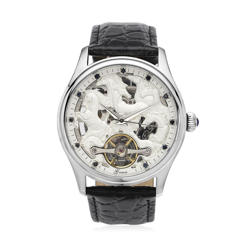 Automatic Skeleton Watch with 12 - Natural Blue Sapphires and Leather Strap 5 ATM Water Resistant