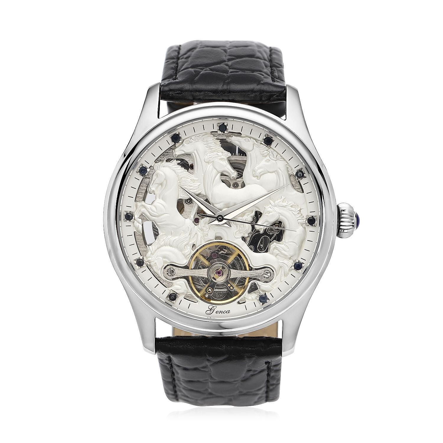 Automatic Skeleton Watch with 12 - Black and Silver Sapphires and Leather Strap 5 ATM Water Resistant 8835888 0