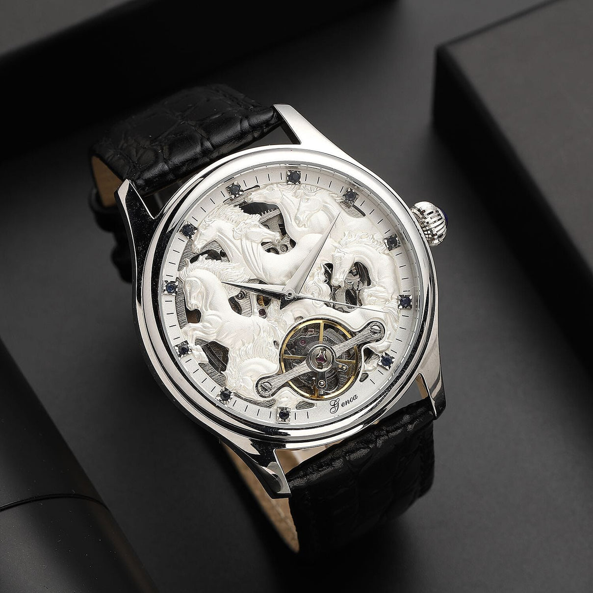 Automatic Skeleton Watch with 12 - Black and Silver Sapphires and Leather Strap 5 ATM Water Resistant 8835888 2