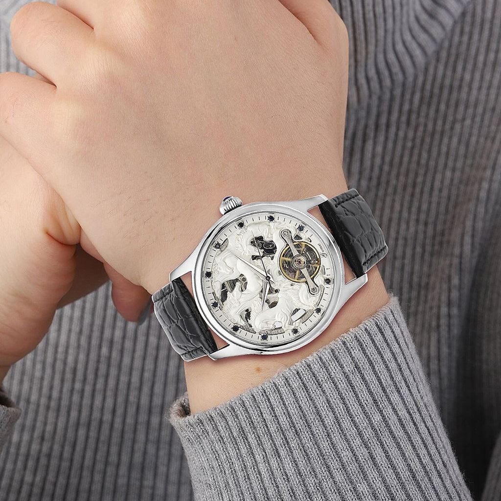 Automatic Skeleton Watch with 12 - Natural Blue Sapphires and Leather Strap 5 ATM Water Resistant