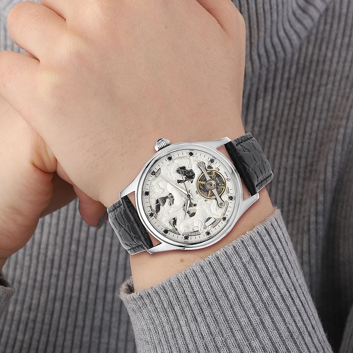 Automatic Skeleton Watch with 12 - Black and Silver Sapphires and Leather Strap 5 ATM Water Resistant 8835888 3