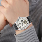 Automatic Skeleton Watch with 12 - Natural Blue Sapphires and Leather Strap 5 ATM Water Resistant