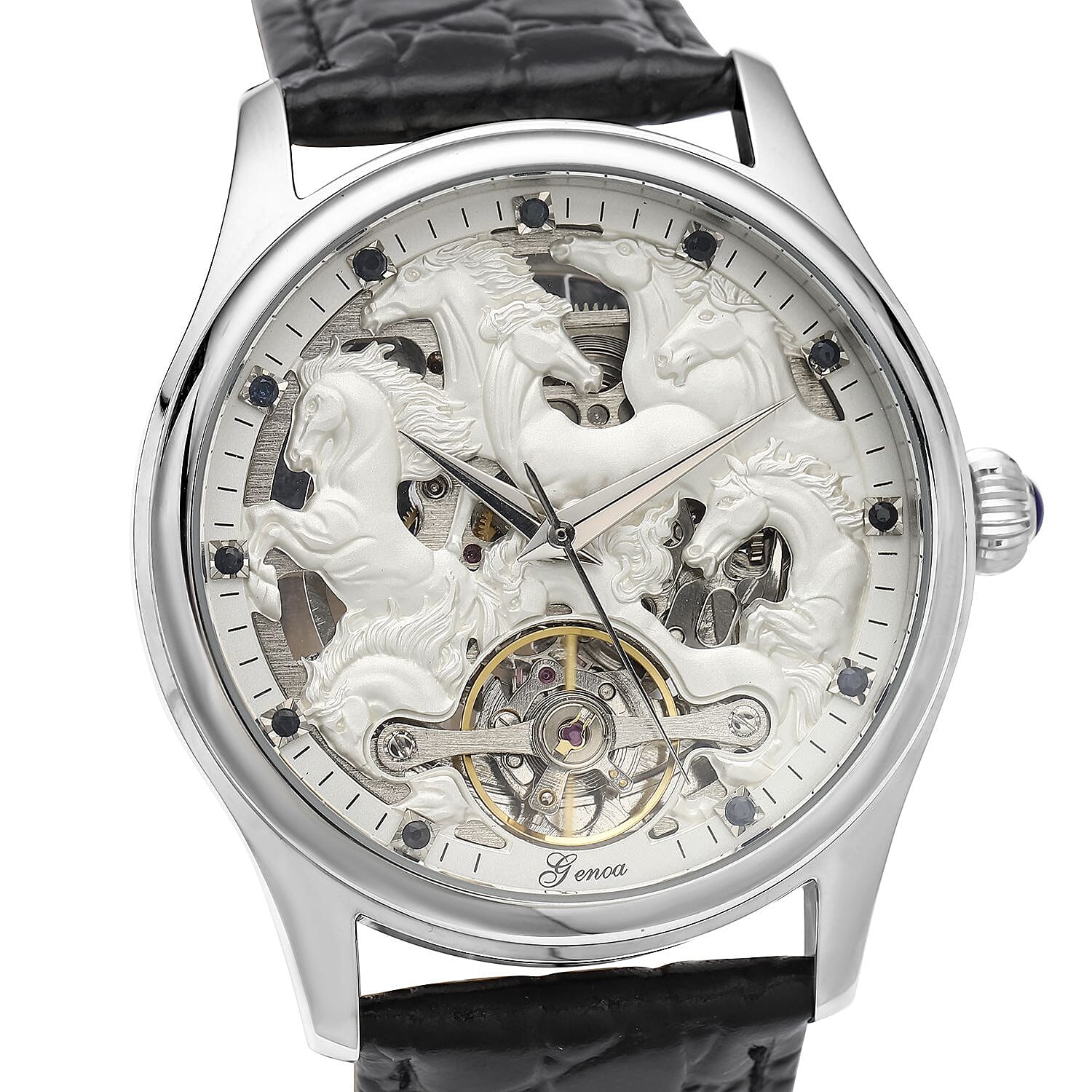 Automatic Skeleton Watch with 12 - Black and Silver Sapphires and Leather Strap 5 ATM Water Resistant 8835888 4
