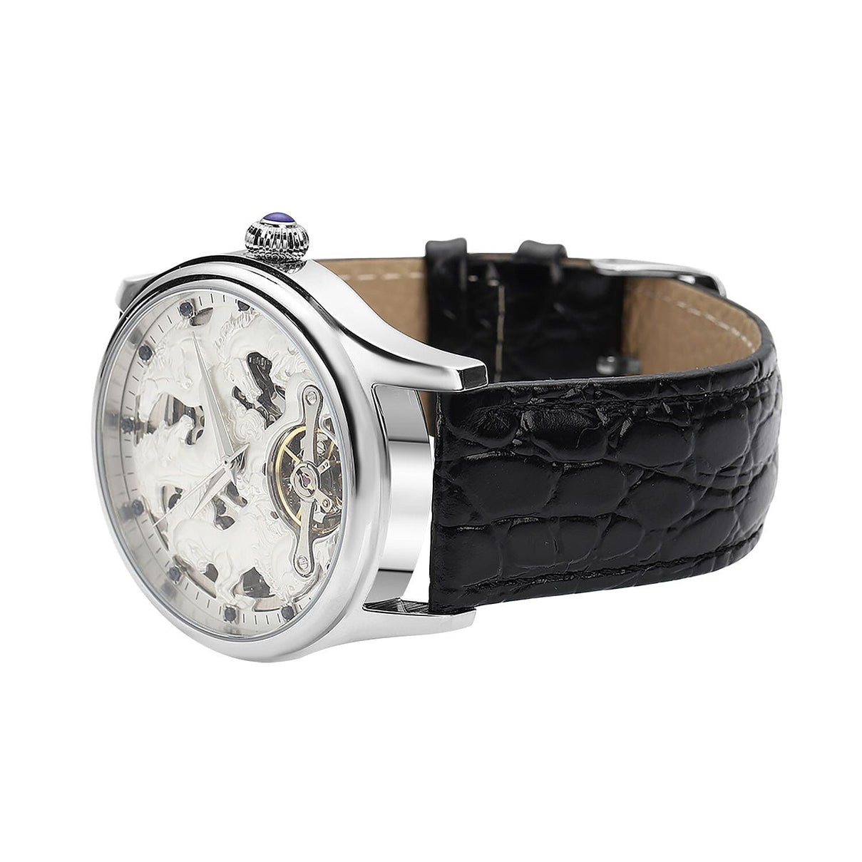 Automatic Skeleton Watch with 12 - Black and Silver Sapphires and Leather Strap 5 ATM Water Resistant 8835888 5