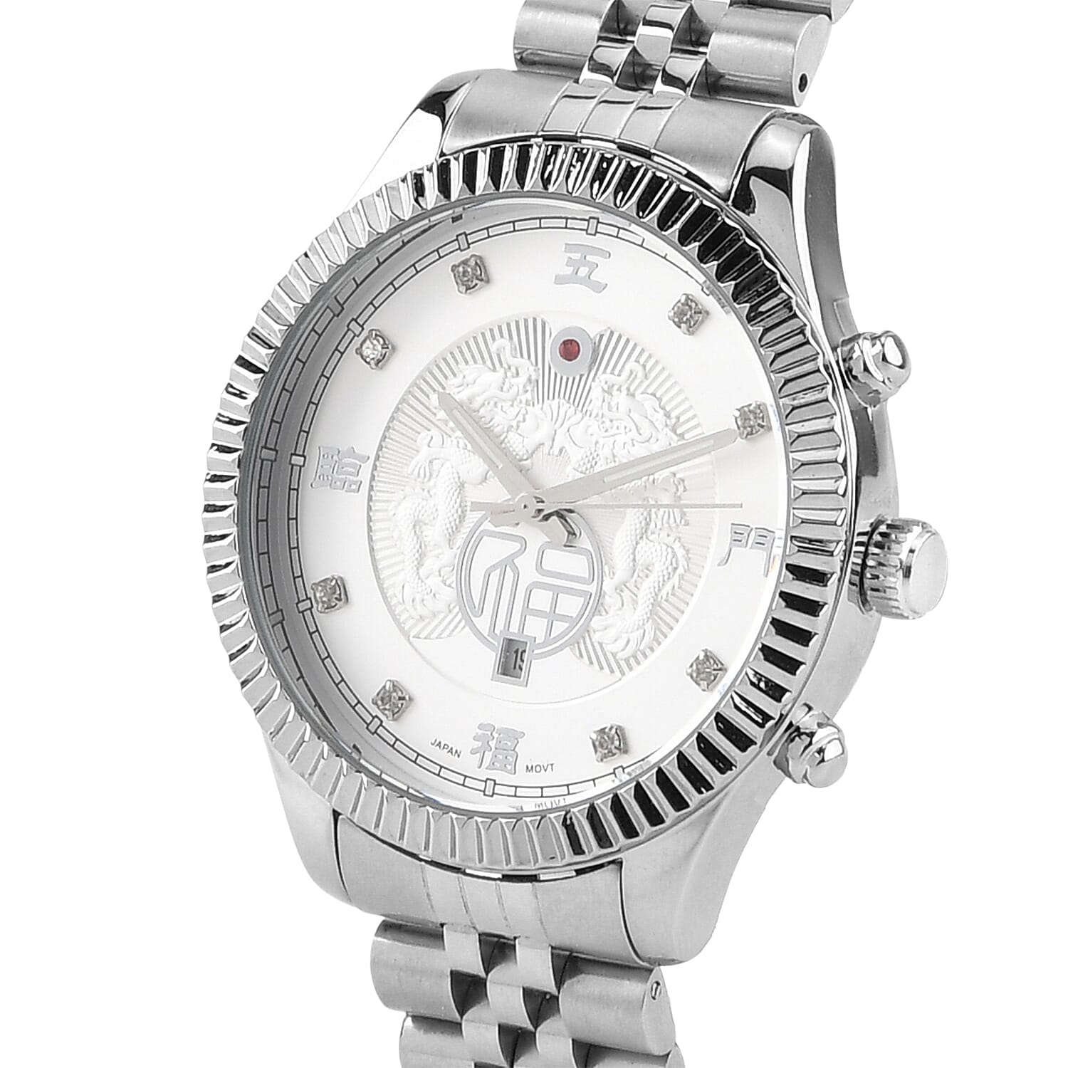 GENOA TIME V2 Miyota 2115 Quartz 3ATM WR Dragon Pattern &amp; Crystal Dial &amp; Silver Case Mens Watch with Silver Stainless Steel Strap 8376686 4