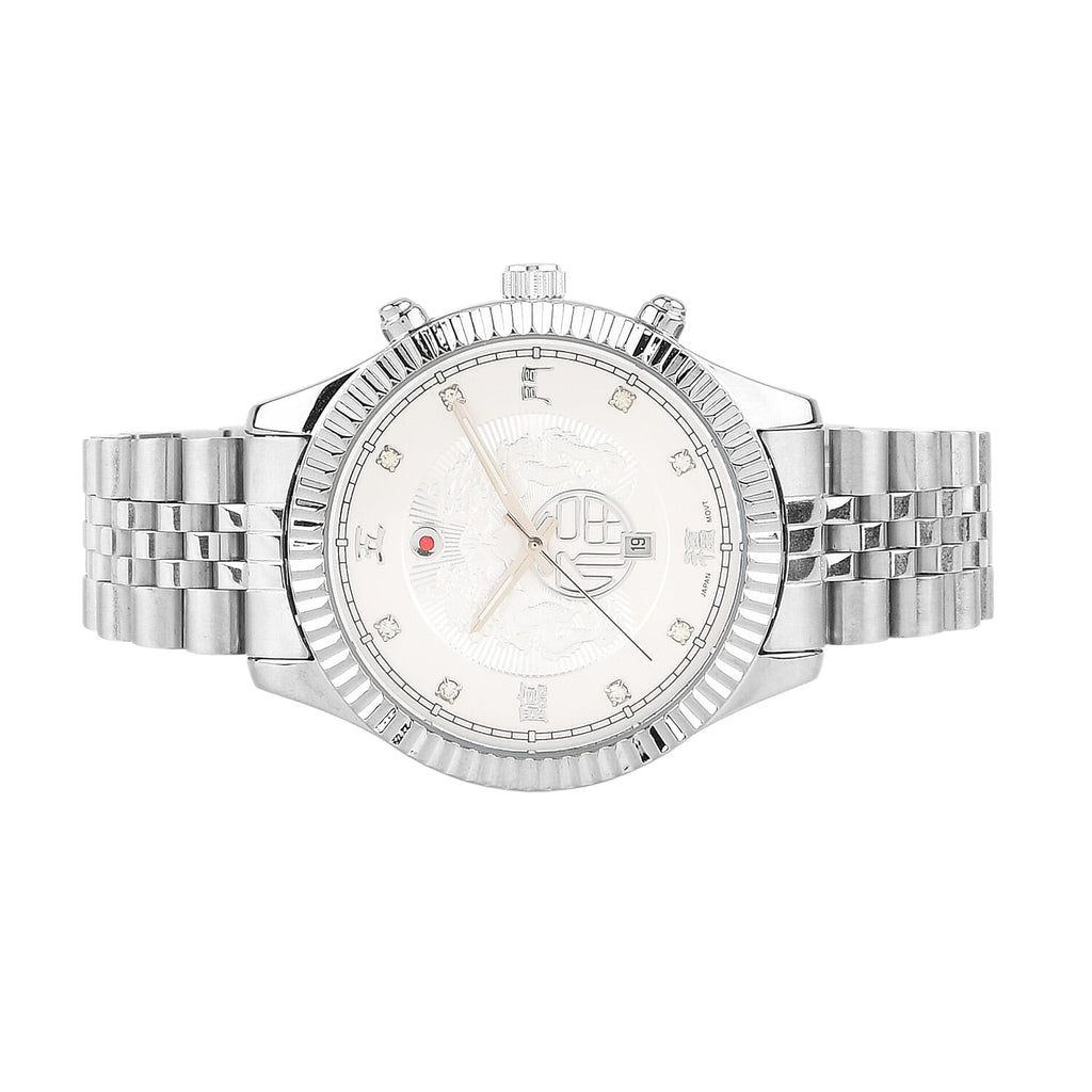 GENOA TIME V2 Miyota 2115 Quartz 3ATM WR Dragon Pattern & Crystal Dial & Silver Case Mens Watch with Silver Stainless Steel Strap