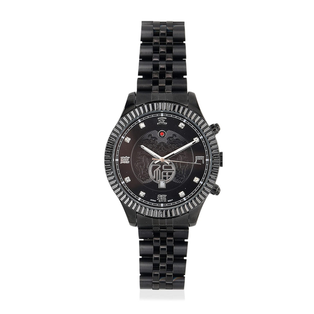 GENOA TIME V2 Miyota 2115 Quartz 3ATM WR Dragon Pattern & Crystal Dial & Black Case Mens Watch with Black Stainless Steel Strap