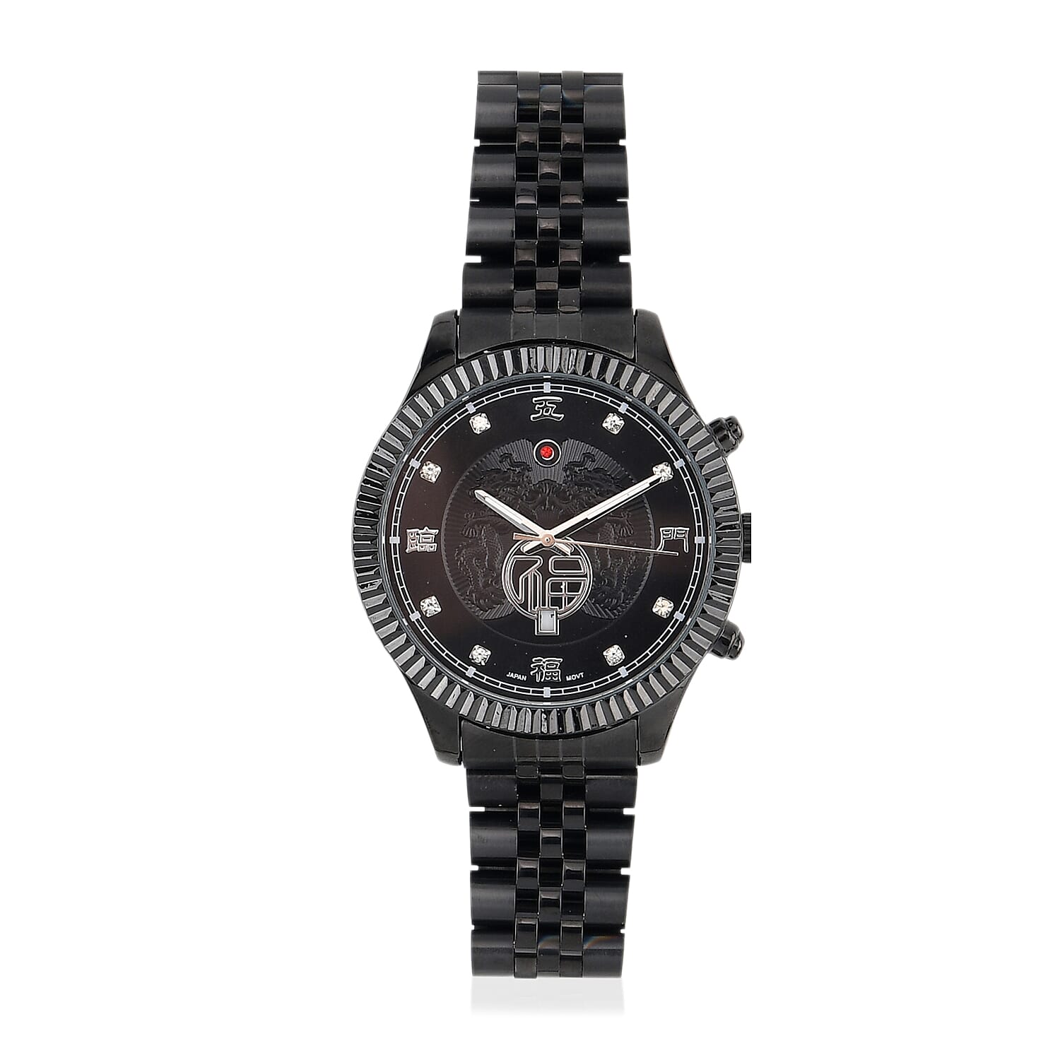 GENOA TIME V2 Miyota 2115 Quartz 3ATM WR Dragon Pattern &amp; Crystal Dial &amp; Black Case Mens Watch with Black Stainless Steel Strap V32519672 0